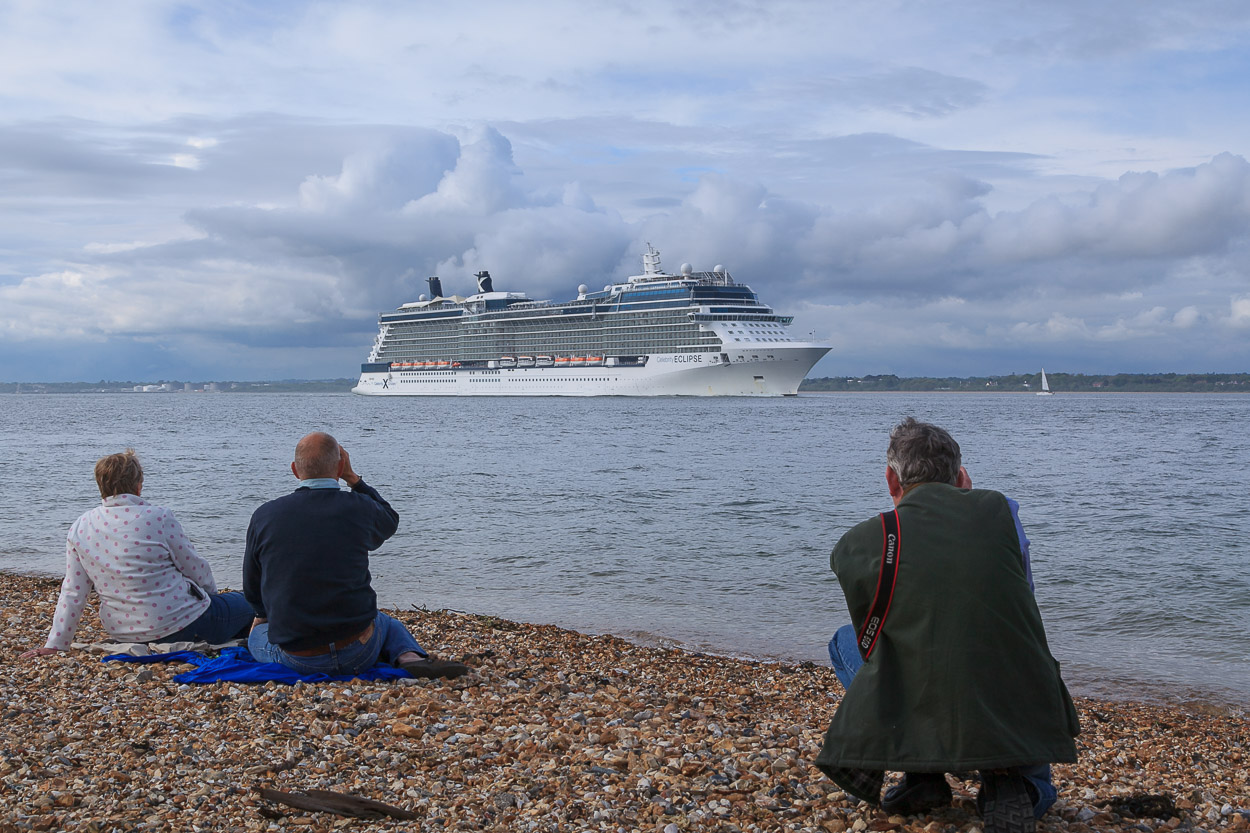 Celebrity Eclipse steaming down Southampton Water past Calshot Castle.